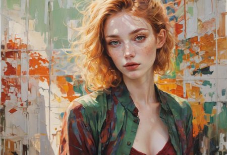 (portrait in impasto, style of Agnes Cecile:1.5)
Perched on her bed in a sunlit artist's loft with large, industrial windows, the subject is an enthusiastic college student in her mid-20s
Her skin, a rich sun-kissed bronze, glows softly under the natural light, revealing subtle freckles across her nose and cheeks.
Her triangular features are accentuated by her messy pixie cut golden blonde hair with subtle dark roots, streaked with hints of deep reds and blacks, framing her face with a wild enthusiasm, catching the sunlight in a luminous halo.
She wears a silk chemise in deep crimson, draped effortlessly to accentuate her slender neckline.
Soft, diffused light filters through the loft's windows, casting gentle shadows that highlight the fine textures of her skin and the intricate details of her hair.
the fine lines of her negligee's silk fabric, the natural contours of her face, and the nuanced play of light and shadow on her skin.
 a beautiful bokeh that softly blurs the background, drawing attention to her expressive pale green eyes sparkling with her mischievous nature, her defined cheekbones flushed with anticipation