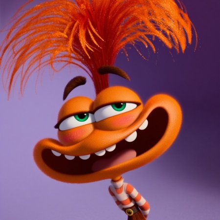 score_9, score_8_up, score_7_up, Expressiveh, masterpiece, best quality, highly detailed, realistic, (zPDXL3), 1girl, solo, (AnxietyIO, 3D, orange hair, orange body, green eyes, brown eyebrows, wide mouth, teeth, clothed, flat chested, striped shirt, white shirt, orange shirt, multicolored shirt, black belt, brown pants, upper body), tongue, smile, narrowed eyes, open mouth, ((purple background, simple background)), ((looking away, hands behind back, blushing, front view))