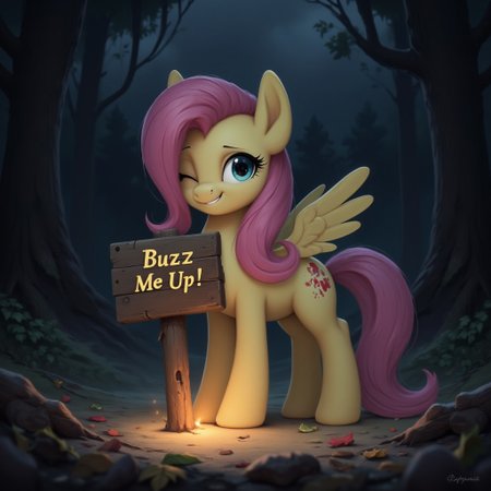 pony, Twilight Sparkle
, happy expression, large, expressive teal eyes , smile, , soft pastel yellow coat, distinctly equine features, delicate, drooping ears, her long, flowing pink mane partially covering one eye, cascading down her neck and shoulders, realistic and anatomically correct equine legs, slender and graceful, with well-defined joints, detailed and natural-looking fur texture, her small, delicate wings folded tightly against her sides, Fluttershy clutches in hooves a wooden sign with the words 'Buzz Me Up!' softly glowing, the faint light from the sign illuminating her sorrowful face, the scene set in a quiet, shadowy forest clearing, the earth beneath her hooves scattered with fallen leaves, dark clouds overhead casting a muted light, creating a somber and melancholic atmosphere, the overall scene emphasizes her vulnerability as a pony, aidmaponystyle