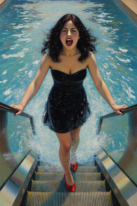 henrimartin1 painting.
A woman in a chic little black dress and red high heels, gracefully descending an escalator. She wears black lipstick and is screaming. The escalator leads downwards into a pool of rippling blue water.  <lora:henrimartin1_cap_d8a4e12:1.0><lora:851861878874310756:0>