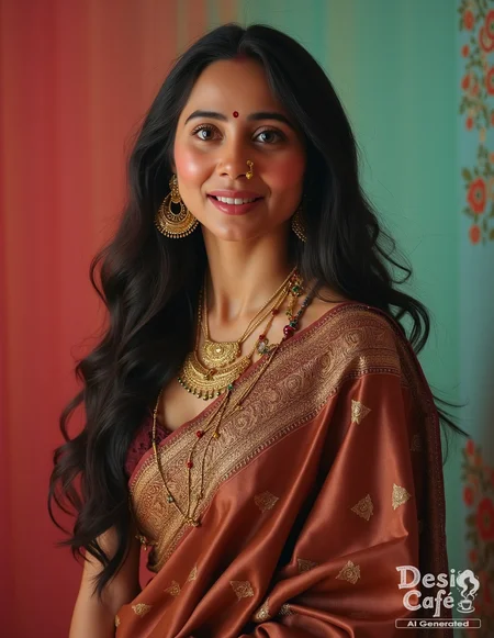 cowboy shot photo of z4hr4h kh4n woman, hyper realistic photo that is safe for work, shouting, studio quality image with natural colors, well dressed wearing intricate long sleeved Brown Banarasi Silk Saree, hair styled as  straight hair,muted pastel shaded multicolored background that contrasts with the person, cinematic lighting,âââââ âââ <lora:z4hr4h_kh4n_Zahrah_Khan_Flux_Kohya_V1:1>âââ