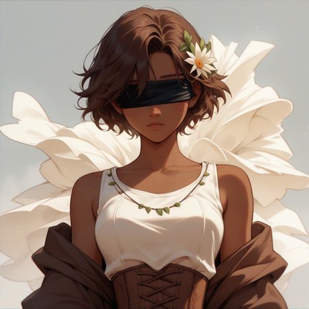 Score_9, Score_8_up, Score_7_up, (masterpiece), best quality, perfect face, perfect anatomy, anime girl, slim, medium breasts, hourglass shape, brown hair, short hair, dark skin and freckles, beautiful and trained bodysuit, white sleeveless shirt, brown corset that highlights her breasts and small waist, loose pants with openings on the sides, without shoes, hippie aura, peaceful , blindfolded<lora: Concept_Masked_Lady:0.7>,