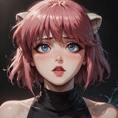 score_9, score_8_up, score_7_up,  pinup girl pose,seductive, lucy, 1 sexy girl, pink hair, bob hair, wave hair, makeup, lipstick, big round eyes, turtleneck, looking up, (blushing:1.1), shy, rounded eyes, (perfect eyes:1.2),  small breasts, cleavage, perfect face, (curvy body:1.3), semi realistic, black background, heavy freckles,   simple background, 80s, retro, emo, goth, eyelashes  closeup shot, close up, macro shot, <lora:Concept Art Twilight Style SDXL_LoRA_Pony Diffusion V6 XL>  <lora:Expressive_H-000001><lora:add-detail-xl> <lora:Char-LucyEL-pony.safetensors:0.8> <lora:GTHAN.safetensors:0.3> <lora:KenvaRetro.safetensors:0.3>, , ,