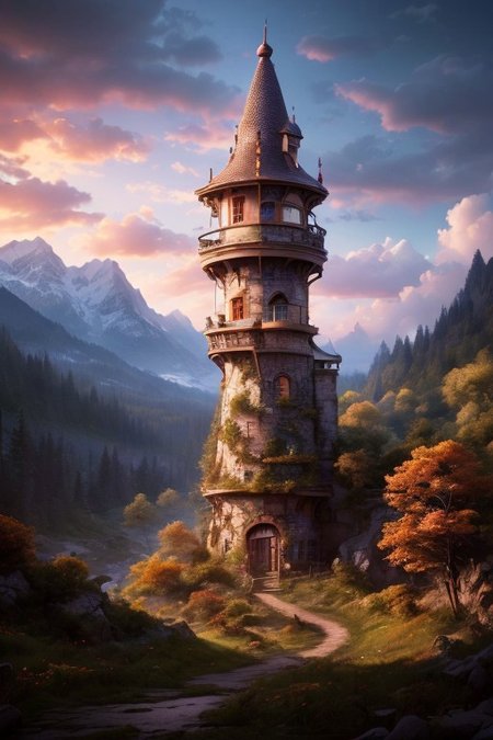 realistic analog photo, award winning photo, vary wide shot of magic stone witow tower:1.3, (Military watchtower), scenery,  fantasy, hills, dirt road, nature, outdoors, RAW, highres, 8k, uhd, High Dynamic Range, tonemapping, crisp details,