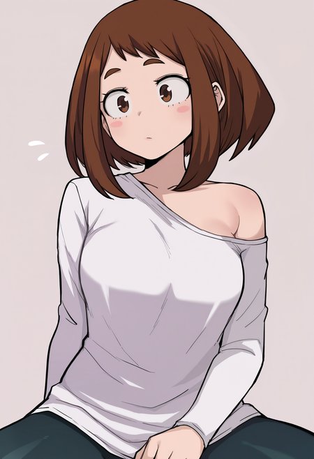 1girl, solo, uraraka ochako, white shirt, single off shoulder, long sleeves, 
masterpiece, best quality, <lora:chihel-guy90-Illust-Lycorisv1:1> lehihc