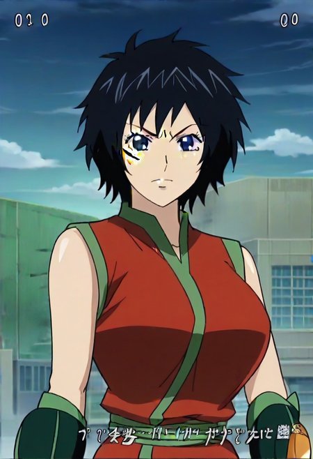 short black hair, blue eye, Scar on right cheek, red sleeveless outfit with green trim,, ,,,,,anime coloring, anime screencap , 1girl,Solo ,, anime,,PUFFY nipple,huge breasts,,, official art,,Uncensored ,Unedited ,,,, ,, ,, , ,,, ,, , ,,,