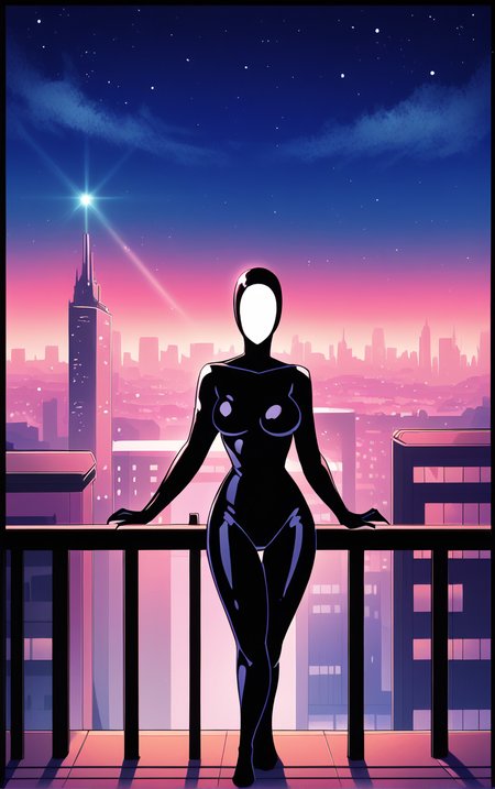 score_9, score_8_up, score_7_up, BREAK
Inque_Morphed_ownwaifu, 
1other, alien, masked, slime girl, white mask, no humans, medium breasts, claws, black bodysuit, large breasts, shiny, superhero, skin tight, silhouette,
(standing, arm_support), railing, cityscape, night, city, city lights, scenery, starry sky, vanishing point, outdoors, <lora:PONYXL_DC_BatManBeyond_Inque_ownwaifu:0.8> , depth of field, solo,