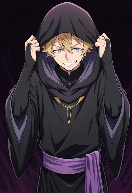 masterpiece,best quality,amazing quality, source_anime,
RuggieBucchi, 1boy, male focus, solo, blue eyes, blonde hair,  shirt, black shirt, robe, black robe, hood, purple sash, wide sleeves, bridal gauntlets, grin, darkness, hood up,