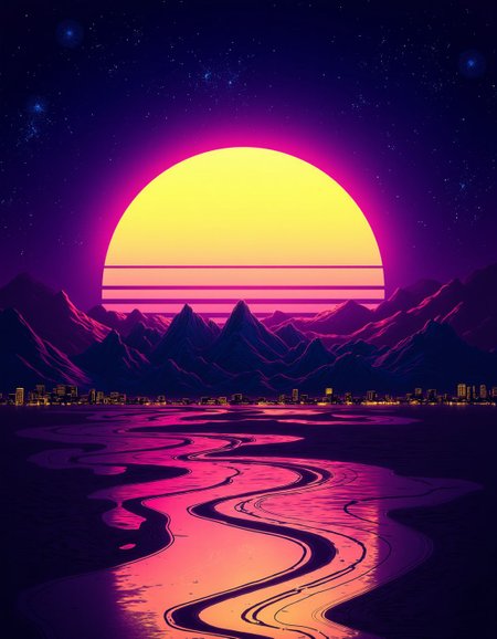 <lora:ck-Neon-Retrowave:1>, ck-nw, in the style of ck-nw, a scenery of a city, sundown, sun and mountains in background at a stary night