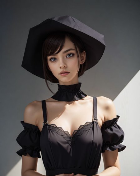 ([: S045_AileenStable :0.3]:0.9),  Pilgrim Minimalism Reimagined, (style of Paolo Roversi) black and white asymmetrical dress clean lines pilgrim-inspired bonnet sleek contemporary fabrics moody studio lighting grey backdrop soft shadows neutral makeup classic pose hand at the waist