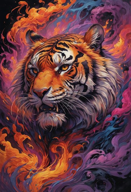 Create a stunning and dynamic image of a tiger formed entirely from vibrant flames and swirling smoke. The tiger should appear fierce and majestic, with its body composed of intricate patterns of fire that glow in shades of orange, red, and yellow. Infuse the flames with a rich palette of twisting colors, including deep blues, purples, greens, and bright pinks, creating a mesmerizing and surreal effect. The smoke should billow around it in soft gradients of gray, black, and hints of iridescent colors, adding depth and contrast. The background should be a dark, dramatic setting that highlights the fiery tiger, evoking a sense of power and wildness, while the multitude of colors enhances the overall sense of movement and energy.
style of greg rutkowski,janek sedlar,jenny saville:0]  detailxl,<lora:vivid_everclear:0.35>  <lora:Sinozick:0.35>  <lora:MJ52:0.35>