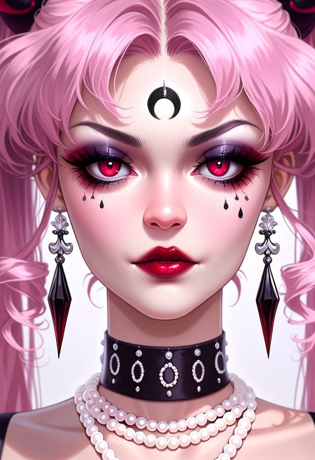 masterpiece, best quality, absurdres, very aesthetic, high score, black_lady_usa, 1girl, solo, long hair, looking at viewer, red eyes, twintails, jewelry, pink hair, earrings, choker, necklace, collar, lips, eyelashes, makeup, facial mark, lipstick, crescent, portrait, close-up, eyeshadow, forehead mark, red lips, pearl necklace, mascara, crescent facial mark, crystal earrings