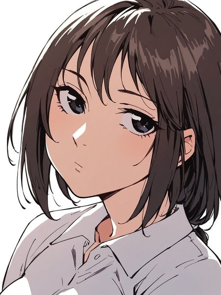 score_9, score_8_up, score_7_up,  
1girl, brown hair, black eyes, amane shiho, long hair, low tied hair, medium breasts, 

face, close-up, white background, expressionless, looking at viewer, white shirt
