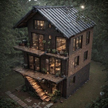 (a small house with chimney,  big window,  metal roof,  wooden floor:1.3),  (shot from outside,  extra long shot,  wide-angle lens,  POV,  DOF:1.2),  (direct sunlight,  dramatic lighting,  ray tracing,  clear shadow,  light pollution:1.1),  (harmonious color:1.1),  brickhouse, great lighting, shadowrun_character, shadowrun_dungeon, shadowrun_surface, shadowrun_dungeon_party, shadowrun_party, cyberpunk, netrunner, enforcer, shaman, oni, courier, neo-aztec, high-tech lowlife, masculine, feminine, OverallDetail, treehouse, void