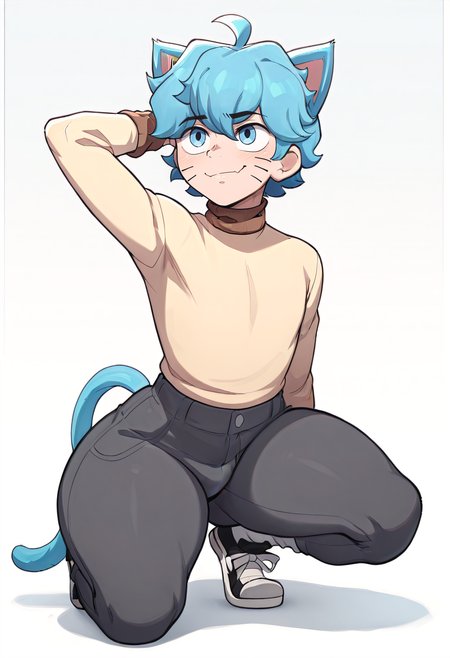 masterpiece, best quality, high quality, detailed, Gumball Watterson, 1boy, male focus, blue tail, solo, tail, whisker markings, cat boy, socks, blue eyes, blue hair, cat ears, cat tail, thick thighs, ahoge, black sneakers, bottom heavy, closed mouth, <lora:Gumball-Illustrious-XL:1> <lora:noobaiXLNAIXL_epsilonPred11Version-lora:0.2>, good anatomy, on knees, hand behind head, brown collar turtleneck sweater with brown cuffs, dark grey pants