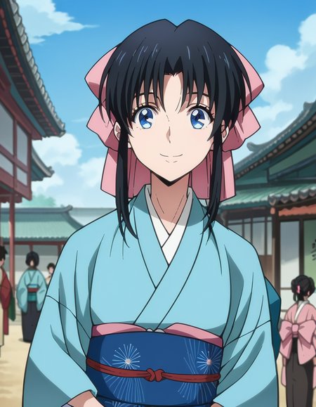 score_9, score_8_up, score_7_up, source_anime,
kaorukamiya, <lora:kaoru-kamiya-ponyxl-lora-nochekaiser:1>
kaoru kamiya, blue eyes, black hair,
japanese clothes, kimono, sash, obi, pink bow, bow, hair bow,
outdoors, smile,
looking at viewer, dutch angle, cowboy shot