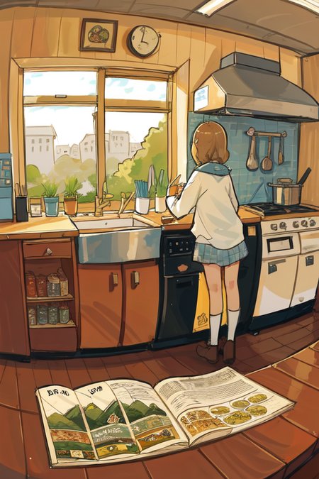 best quality, masterpiece, comic flat illustration, art by Parnwell, E. C, highres, creative, celluloid, hyper detailed, kitchen