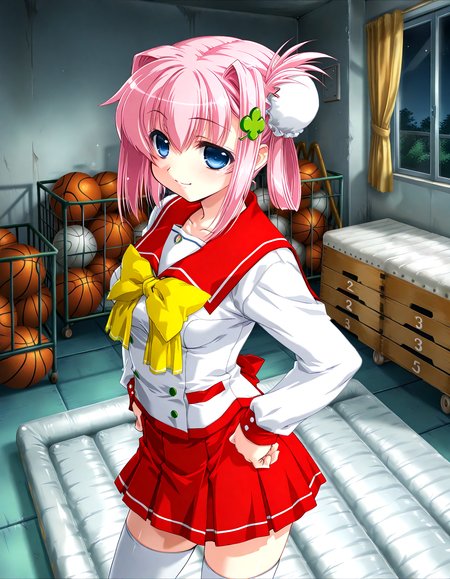 (1girl, solo:1.3), (2girls, 3girls, 4girls, multiple girls, 2boys, 3boys, 4boys, multiple boys:-1.5) <lora:Ainame_Chisato_Hachukano_Illustrious:0.9>, Ainame Chisato, medium breasts, blue eyes, pink hair, short hair, bangs, hair intakes, hair between eyes, sidelocks, bun cover, single hair bun, hair bun, four-leaf clover hair ornament, clover hair ornament, hair ornament, school uniform, serafuku, sailor collar, long sleeves, yellow bow, bowtie, pleated skirt, plaid skirt, red skirt, miniskirt, white thighhighs smile, (half-closed eyes:0.7), general, contrapposto, dynamic pose, hands on own hips, upper body, from behind, from above, , indoors, gym storeroom, dark room, messy room, concrete, (gray theme:1.3), one basketball \(object\), piled mattress, (window:-2.0), flashing, <lora:NOOB_EPSv1_1_detailer_by_vlnvk_v1_0:1.5>, (photo background:0.7), night, (tachibana yuu:0.6), inue shinsuke, (kazuma muramasa:0.0), saikawa yusa, (aoi manabu:0.6), abarerumidori, (suzui narumi:0.6), masterpiece, newest, absurdres, 8K, anime screenshot, anime coloring, flat color, official art, film grain, <lora:illustriousXLv01_stabilizer_v1.185c:0.7>, <lora:LECO_Solo:-4.0>,