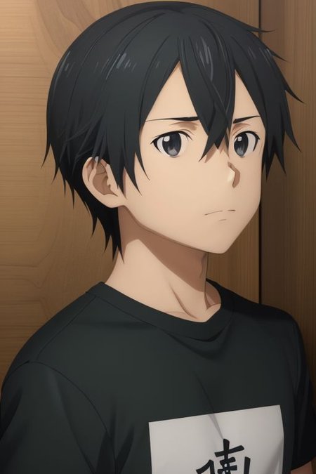 high resolution, solo, best quality, 1Boy, Kazuto Kirigaya, portraits, Black Hair, Black Eyes, kabedon POV, T-Shirt, OverallDetail
