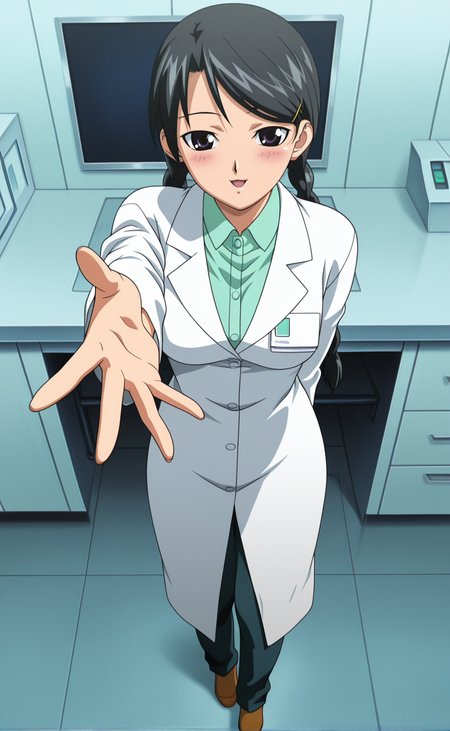 1girl,e1fnsa1t0,anime coloring,2000s \(style\),solo,twin braids,black hair,(black eyes:0.8),   ,medium breasts,hairpin,lab coat,indoors,lab,seductive smile ,full body, pants, shoes  ,reaching towards viewer ,dutch angle ,,open mouth ,blush,, ,looking at viewer,best quality,masterpiece,sensitive, <lora:elfenliedsaitoNoobAI:1>