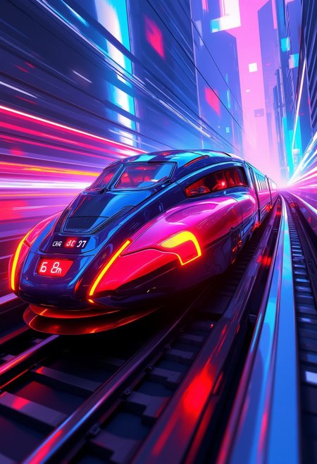 futuristic shinkansen bullet train, adorned with intricate, metallic details, with a highly advanced, industrial look, with glowing red diodes and LEDs, illuminated cockpit, travelling on rails at hyperspace through abstract city, vibrant neon colours with extreme motion blur, viewed diagonally from the front, directional lighting, Inkpunk Anime