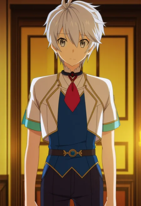 masterpiece, best quality, anime screencap, official style, anime coloring, cowboy shot, 1boy, solo, male focus, <lora:lux_arcadia_ilxl:0.96>, lux_arcadia, grey hair, grey eyes, short hair, hair between eyes, ,