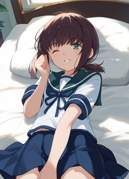 score_9, score_8_up, score_7_up, masterpiece, best quality, absurdres, official art, official style, (anime screencap, megami magazine:1.2), zPDXL2, zPDXLxxx, <lora:Shibafu_Style_Pony_v1:0.7>, 1girl, solo focus, shibafu_style, <lora:fubukiP-09:0.8>, fubukiKC, low ponytail, short ponytail,blue skirt, school uniform,serafuku, sailor collar, <lora:neg4all_bdsqlsz_xl_V91:1.0> <lora:ALTXL_pony_0061_8:2.0>, <lora:detailed_hands-000002:1>, hand bedroom, on bed, bed sheet, morning, dim lighting, light particles, on stomach, from above one eye closed, parted lips, smile, looking at viewer,