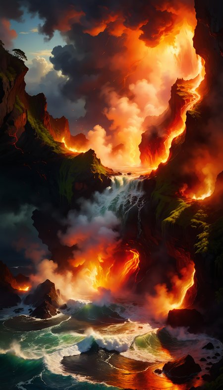 famous artwork by (maurice sapiro:1.4) and (adam elsheimer:1.2), beautiful painting of the hawaii volcanoes national park, fiery lava flows into the churning sea and creates billowing steam clouds, steaming craters, (lush green rainforests:1.1) atop a towering cliff overlooking the azure waters of the ocean, cascading waterfalls, (dramatic sky:1.2), raw volcanic power, force of nature, fiery, ovg, dramatic, scenic, awe-inspiring, crepuscular rays, ultra detailed, 8k, uhd <lora:add-detail-xl:2.4> <lora:more_artful-xl:0.6> <lora:lyco-style-envydramaticlightingxl01_digital_art-xl:0.8> <loractl:envybetterhiresfixxl01-xl:0.2:hr=1.0>