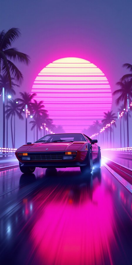 cinematic film still 80s synthwave, retro-futuristic, a classic 1980s sports car speeding around a neon-lit curve on a highway, with glowing palm trees lining the road. The scene is captured from a low-angle shot, emphasizing the sleek design and vibrant colors of the car, reflecting off the wet asphalt. The background features a neon sunset with horizontal lines, characteristic of the synthwave aesthetic, in vivid hues of pink, purple, and blue. The image is highly detailed with dramatic lighting, creating a sense of speed and motion. The artwork has a vaporwave vibe, combining retro and futuristic elements with bold, electric colors and a minimalist, sticker-like style on a white background. The atmosphere is surreal and cinematic, with sharp contrasts and intense glow effects, reminiscent of 80s digital art. This 3D render, illustration, is crafted with high resolution, capturing the essence of a synthwave cityscape in extreme detail and dynamic composition. 8k resolution with a focus on vibrant neon and striking details, evoking a nostalgic yet futuristic feel. <lora:FluxCyberpunkAnimeStyle.safetensors:1.0>, cyberpunk, anime,  . shallow depth of field, vignette, highly detailed, high budget, bokeh, cinemascope, moody, epic, gorgeous, film grain, grainy