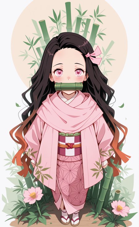 masterpiece, best quality, good quality, newest, highres, absurdres, kamado nezuko, 1girl, solo, long hair, looking at viewer, blush, simple background, brown hair, black hair, long sleeves, white background, ribbon, very long hair, standing, full body, hair ribbon, multicolored hair, japanese clothes, socks, pink eyes, kimono, two-tone hair, sleeves past wrists, sash, gradient hair, leaf, white socks, sandals, obi, mouth hold, forehead, pink ribbon, gag, tabi, gagged, haori, pink kimono, bamboo, zouri, bit gag, asa no ha \(pattern\), checkered sash, Flatline, Flat vector illustration,
klaus_style <lora:illustriousXL_stabilizer_v1.23:0.3> <lora:NOOB_vp1_detailer_by_volnovik_v1:0.3> <lora:ponyv6_noobE11_2_adamW-000017:0.3> <lora:checkpoint-e18_s306:1.3> <lora:klaus:0.8>