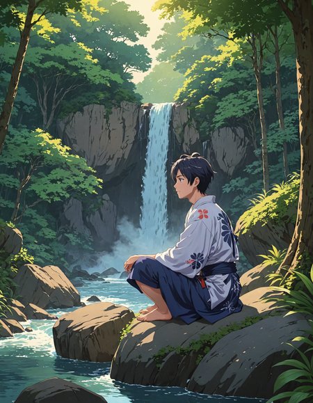 2D anime style, anime screencap, calm twilight scene, young man in yukata sitting on a rock by a waterfall, soft warm light, lush forest with detailed foliage, surreal twilight sky with fantastical colors and shapes, intricate shadows and reflections, peaceful ambiance, high quality, ultra-detailed, cinematic, trending on artstation
