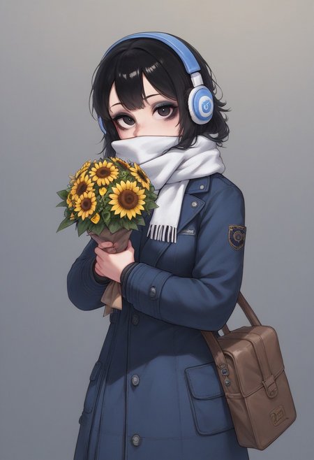 Egirl, score_9, score_8_up, best quality,heavy life like texture and proportion,thick outline illustration,1girl, bag, bag charm, black coat, black eyes, black hair, blue coat, bouquet, brown bag, cellphone, charm \(object\), coat, covered mouth, earmuffs, flower, headphones, holding, holding bouquet, holding phone, looking at viewer, phone, rose, scarf, selfie, smartphone, solo, stuffed toy, sunflower, white scarf, winter clothes, winter coat, yellow flower 
red duotone, makeup, dynamic pose model shooting
hero, contrast