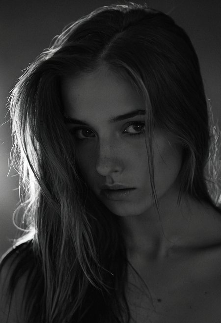 Black and white photo in the style of Alessio Albi, 20 year old beautiful stunning woman, dark blond hair falling down over her shoulders, highlights in her hair, closeup, cinematic composition, cinematic lighting  intense shadow play, bleak, post-apocalyptic, somber, dramatic, highly detailed, bokeh