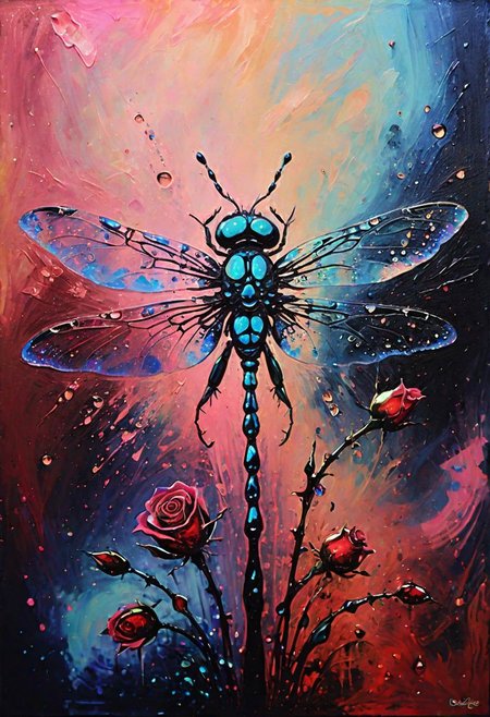 (Impressionism: 1.5), (abstract acrylic painting), macro photo, sparkling magical fantasy glass rose dewdrop, dragonfly on the rose, very detailed, amazing quality, intricate, cinematic light, highly detail, beautiful, surreal, dramatic, galaxy fantasy colors, realism, modern art, abstraction, absurdity, acrylic painting on canvas, (silhouette in strokes: 1.6)