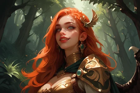 1girl, jewelry, solo, earrings, armor, wings, looking at viewer, forest, long hair, upper body, breastplate, nature, hair ornament, parted lips, orange hair, shoulder armor, cape, breasts, smile, outdoors, teeth, grey eyes, lips, tree, zPDXL3, detailxl,  Score_PnyReal, (lineless:1.5)