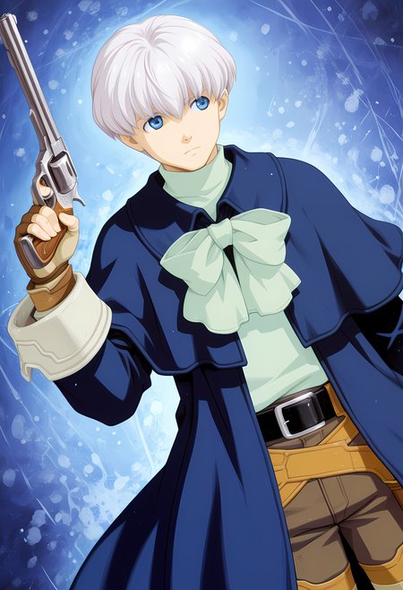 masterpiece, best quality, amazing quality, dutch angle, abstract backgroung, BREAK
solo, male, 1boy, xen_billy, white hair, short hair, blue eyes, blue coat, green bow, gun, holding gun, revolver, handgun, BREAK
 <lora:cfg_scale_boost:.6>   <lora:Billy_Lee_Black_-_Xenogears_-_ILXL:1>