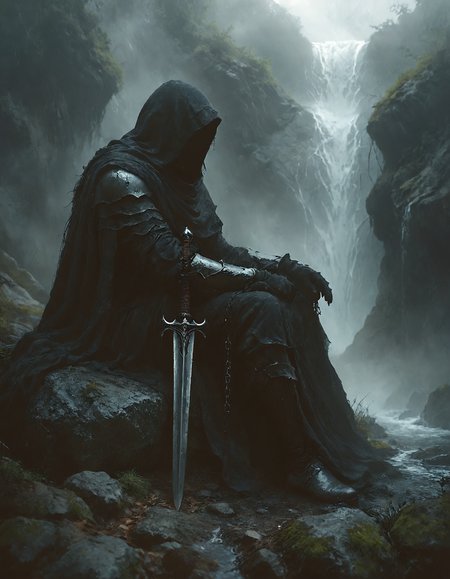 cinematic film still , A cloaked figure with its face obscured by the hood, visible tattered metal armor, seated on a rock, a sword leaning against his Knee with the tip resting on the ground between its feet, Chains are draped over one shoulder and across the figure's lap, In the background, there's a waterfall cascading down rocky terrain, mist and foggy, dimly lit, subterranean, mood of the image is somber and mysterious, fantasy, vivid colors, dark and cold theme,  shallow depth of field, vignette, highly detailed, high budget, bokeh, cinemascope, moody, epic, gorgeous, film grain, grainy, <lora:zavy-cntrst-sdxl:1>, <lora:- SDXL - vanta-black_contrast_V3.0:1>, <lora:MJ52:0.4>, <lora:Desolation:0.5>