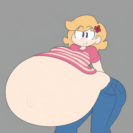 HappyLikeAWall, 1girl, black eyes, single hairflower, closed mouth, blue eyes, blonde hair, pink striped shirt, jeans, gigantic belly,