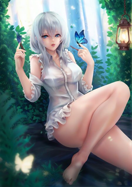 1girl, furry female, bare legs, barefoot, blue eyes, bug, butterfly, center frills, collared shirt, frills, hair between eyes, hand up, holding, knees together feet apart, knees up, lantern, looking at viewer, lying, mole, mole under eye, nib pen (object), on back, parted lips, pen, plant, potted plant, shirt, silver hair, sleeveless, sleeveless shirt, solo, transparent, white shirt <lora:moonbo:1>