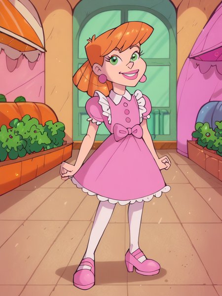 score_9, score_8_up, score_7_up, score_6_up, score_5_up,
kmbdoll, orange hair, orange ringlets, green eyes, pink lipstick, pink hair side bows, pink pearl earrings, white-collared pink white puff sleeve buttoned dress, white frills, white stockings, pink mary jane shoes
, 1girl, solo, facing viewer, small smile, full body
 <lora:mrsmiles:1> mrsmiles <lora:kmBDOLL:0.9>
