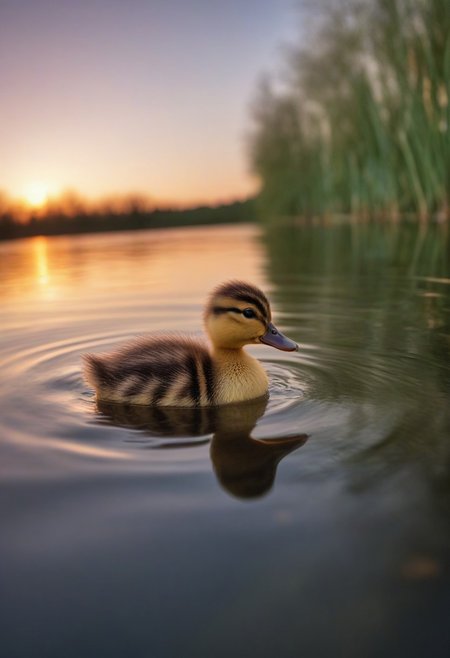 ultra-low angle shot from close to the ground, hdr photography, realistic, a duckling on a dreamy lake, spring sunset  <lora:Creat0r_MagicDetailzV2_FIX:0.5>