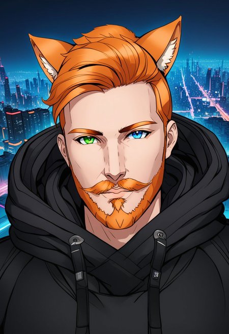 Duskfallcrew Art Style,  solo,  blue eyes,  1boy,  animal ears,  green eyes,  male focus,  cat ears,  hood,  orange hair,  facial hair,  heterochromia,  beard, mustache,   cityscape, , cyberpunk, soft lighting,  best illustration,  cinematic angle, cinematic lighting, masterpiece,  official art,