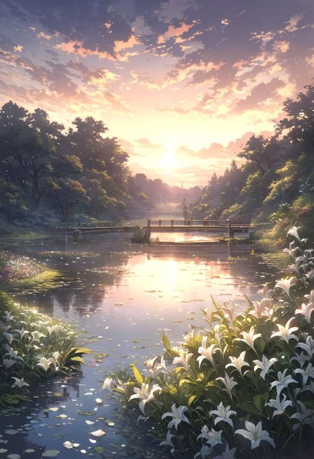 detailed background,( Calm spring night landscape), amongst lush greenery, beautiful view, lily flower in full bloom, lily flower, early morning, sunrise sky, beautiful clouds, dappled sunlight, beautiful, Tranquil Lake, Walkway, petals dancing in the wind, depth of field, masterpiece, best quality, ultra-detailed, very aesthetic, illustration, perfect composition, intricate details, absurdres, moody lighting, wisps of light, no humans,