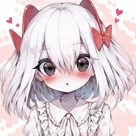 score_9, score_8_up, score_7_up, 1girl, solo, 
kirlia \(pokemon\), shiny kirlia, black eyes, white skin, (white hair:1.2), :o, parted lips, blush, looking at viewer, upper body, hearts, polka dot background,  white blouse, frills, cute dress.