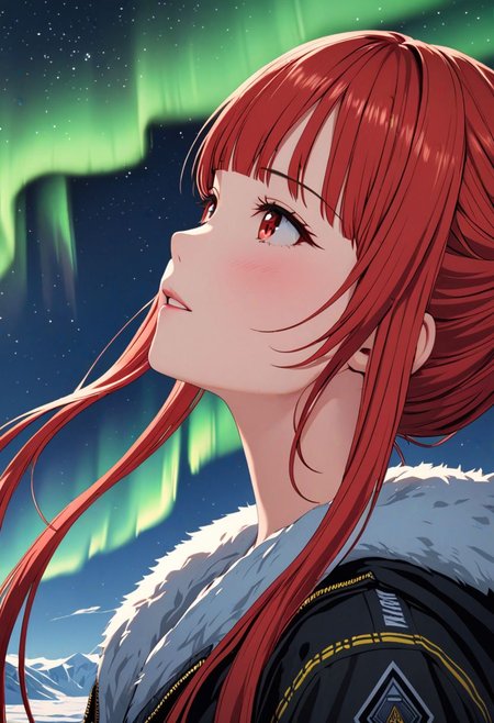 (((masterpiece))),(best quality),4K masterpiece,((ultra-detailed)),highly detailed,detailed shadow,
gold northern lights,closeup of sky, vibrant, highly detailed,1 girl, red hair,twintails