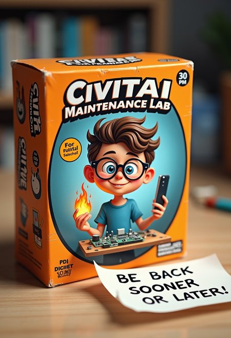 "Civitai Maintenance Lab"
The box features a nerd kid with round glasses holding a burning motherboard, sticker says 'Fix CIVITAI for dummies" The packaging is decorated with computer symbols,  a paper notice beside the box mentions "BE BACK SOONER OR LATER"