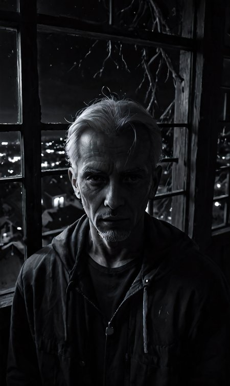 score_9, score_8_up, score_7_up, score_6_up, portrait photograph, from above, drkdl, low key, dramatic lighting, dark theme, black and white image of old man looking out a broken window, night view from outside,