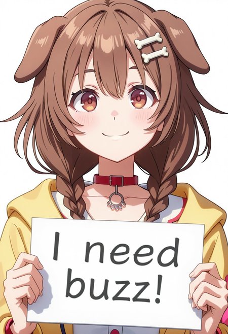 score_9, score_8_up, score_7_up, score_6_up,Enchanting Eyes, LDSCH Style, aesthetic, absurdres, beautiful, highres, detailed eyes,((solo)), 1girl, Unigami Korone, Hololive Unigami corone, brown hair, brown eyes, smile, dog hears, need_buzz, holding sign.