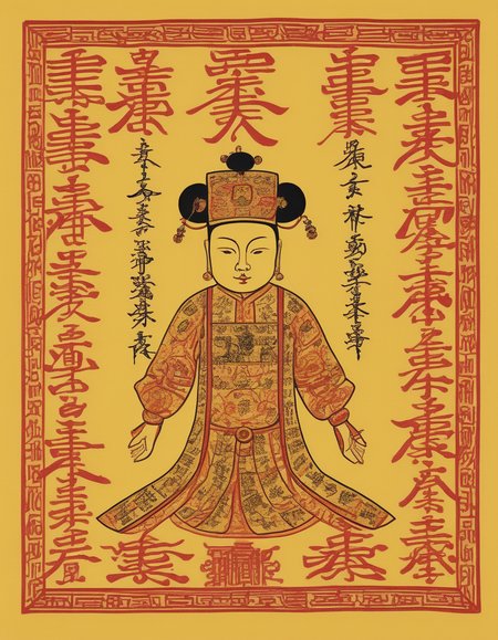 A photorealistic image of a portrait of a Chinese emperor, intricately detailed, printed on a sheet of yellow paper. The paper should appear aged and worn, with slight tears and creases to give it an antique look. The portrait should be surrounded by Chinese characters, written in a traditional calligraphy style. These characters could be poems, edicts, or any text that would be historically appropriate. The color palette should be rich and regal, with golds and reds to signify the emperor's status. The lighting should be soft and even, highlighting the texture of the paper and the details of the portrait and calligraphy
 <lora:cnrune:0.46>,
