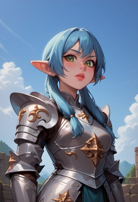 sscore_9,score_8_up,score_7_up,score_6_up, 1girl, green eyes, fully clothed, leather armor, blue accent royal armor, white, blue hair, pointy ear, twintails,  from below, medium breasts solo, upper body, portrait, grim expression, lips, blush, facing viewer, scenery <lora:Knight Armor:0.5>